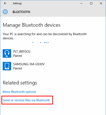 Windows option send receive files view Bluetooth