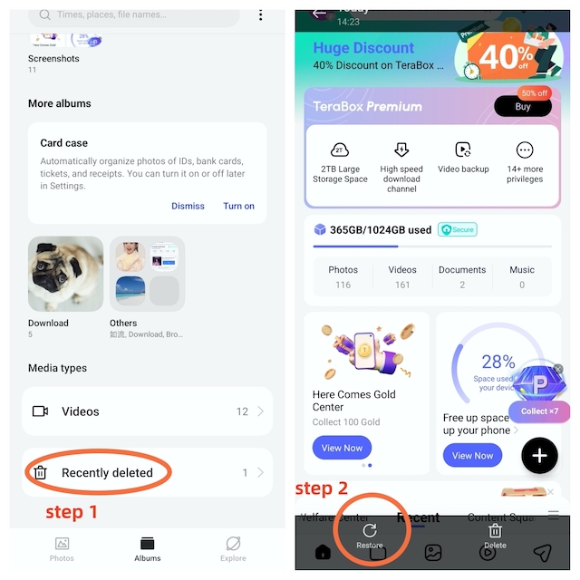 TeraBox restore photo from recently deleted